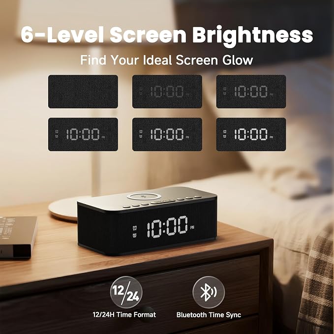 Digital Alarm Clock White Noise, Loud Digital Alarm Clocks Bedrooms, Alarm Clock Speaker Wireless Charger AUX USB Bluetooth Speaker 12/24H Dual Alarm Snooze Adjustable Brightness, Black - Image 7