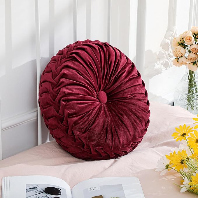 Drydiet 1 Pcs Round Throw Velvet Pillows Decorative Pleated Throw Pillows 15'' Diameter Accent Pumpkin Boho Chair Cushion for Couch Sofa Home Decoration (Burgundy)