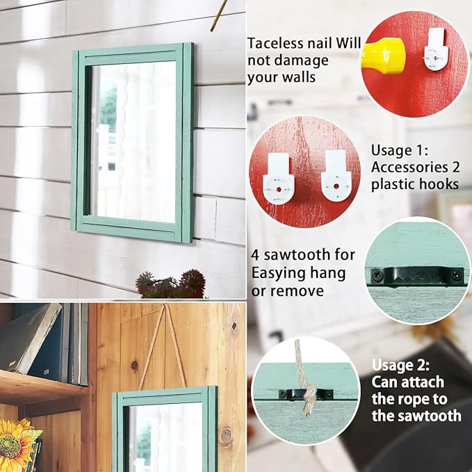 AAZZKANG Rectangle Wall Mirror with Wood Framed Modern Hanging Mirrors Decor for Bedroom Bathroom Living Room Entrance Green Large 20"x16"