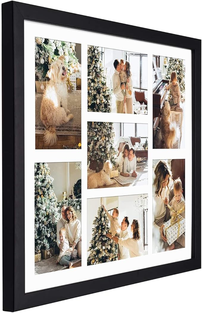 Golden State Art, 13.7x15.7 Matted Black Wood 7-Opening for 4 x 6 Collage Picture Frame
