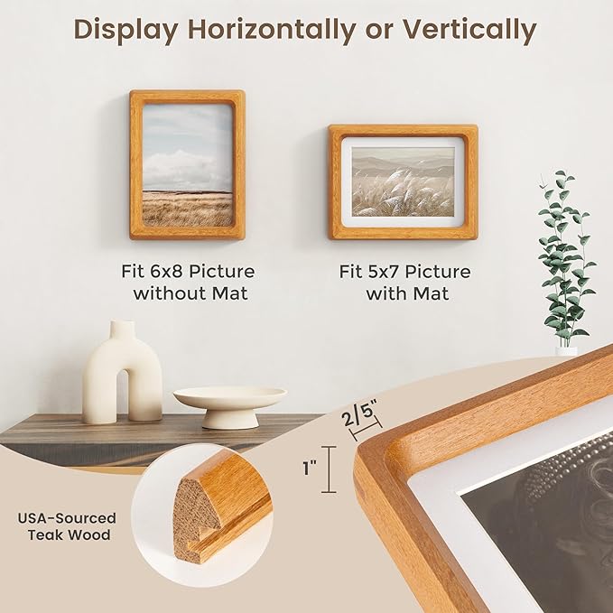 Fun Memories 6x8 Picture Frame, USA-Sourced Teak Wood Photo Frames with HD Tempered Glass, Handcrafted Rounded Corner 6 x 8 Wooden Frames Matted to 5x7 Photos, 6x8 Frame, Tabletop or Wall Display