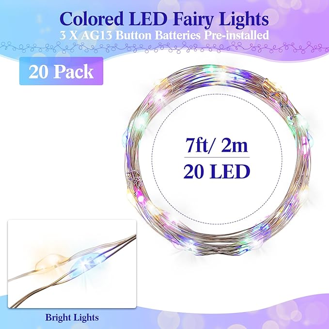 Hortsun 20 Packs Fairy Lights Battery Operated 3 Speed Modes, 7 Ft/ 2 M 20 LED Battery String Mini Waterproof Wire Twinkle Lights Bulk for Wedding Party Birthday Vases Decor (Multicolor Light)