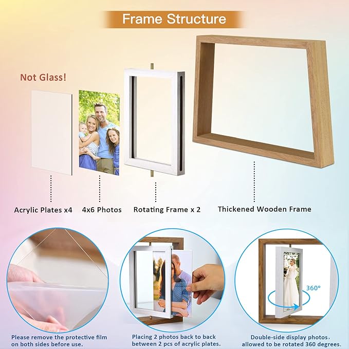 ZEEYUAN 4x6 Desk Picture Frames Rotating Rustic Photo Frame Floating 4x6 Double Side Frame for Tabletop Office Decor, Mothers Day Gifts Picture Frame for Mom Gift from Daughter Son