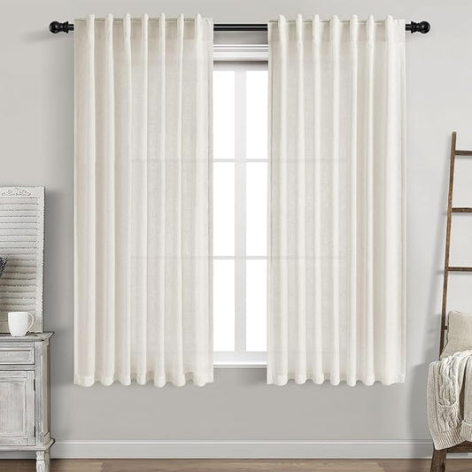 Cream Linen Curtains 62 Inch Length for Living Room 2 Panels Set Neutral Modern Farmhouse Window Curtain Semi Sheer Light Filtering Privacy Back Tab Rod Pocket Drapes for Bedroom Natural Ivory 52x62