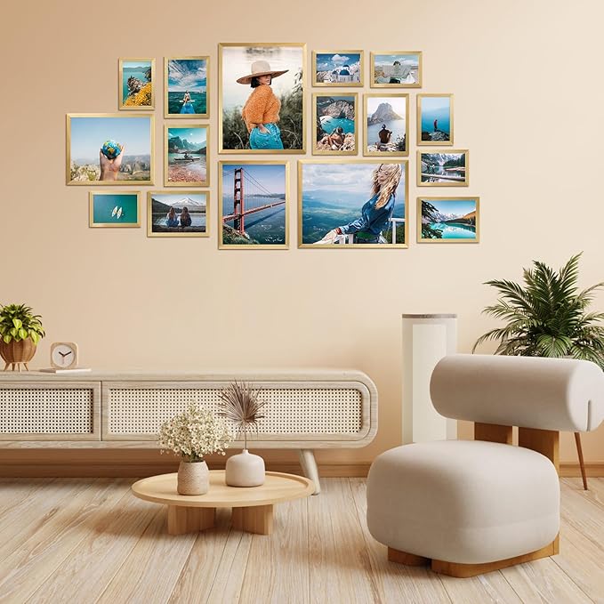 Giftgarden 16 Pack Gold Picture Frames for Multi Sizes Photos, Assorted Set Including Two 11x14, Two 8x10, Six 5x7, Six 4x6, Gallery Collage Frame for Wall or Tabletop Display