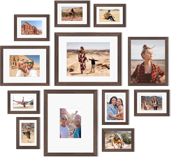 Egofine Picture Frame Set 12 Pack, Picture Frames Collage Wall Decor with Two 11x14, Two 8x10, Four 5x7, Four 4x6 for Wall and Tabletop, Made of Solid Wood, Covered by Plexiglass, Rustic Brown