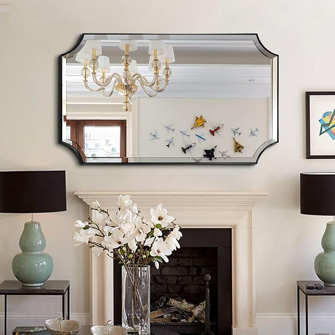 POZINO Rectangle Beveled Mirror, 24"x40" Modern Bathroom Vanity Mirror for Over Sink, Matte Black Rounded Corner Oblong Mirrors for Living Room Bedroom Entryway, Horizontal or Vertical Hanging
