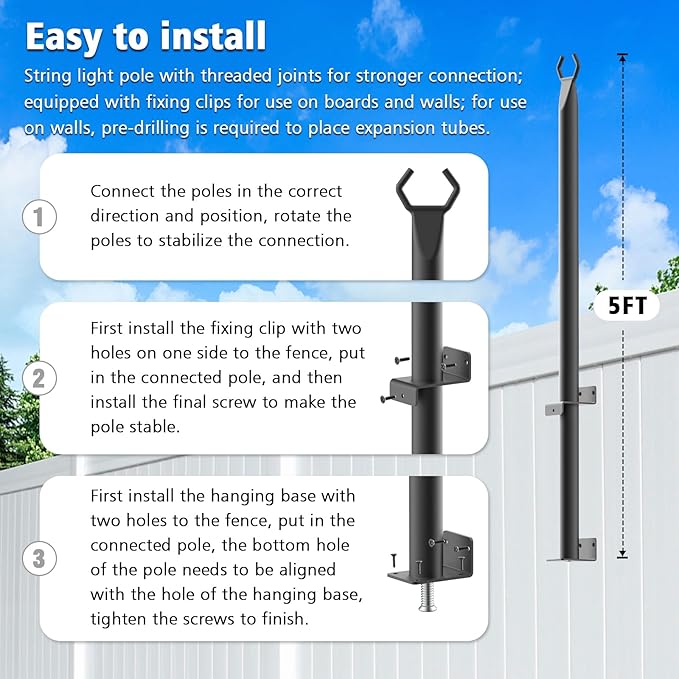 8 Pack String Light Poles for Deck,5 Ft String Light Poles for Outside with Fixing Clips,Metal Poles for Outdoor String Lights, Hanging Light Poles for Fence Garden Backyard Wall Bistro (8 PACK)