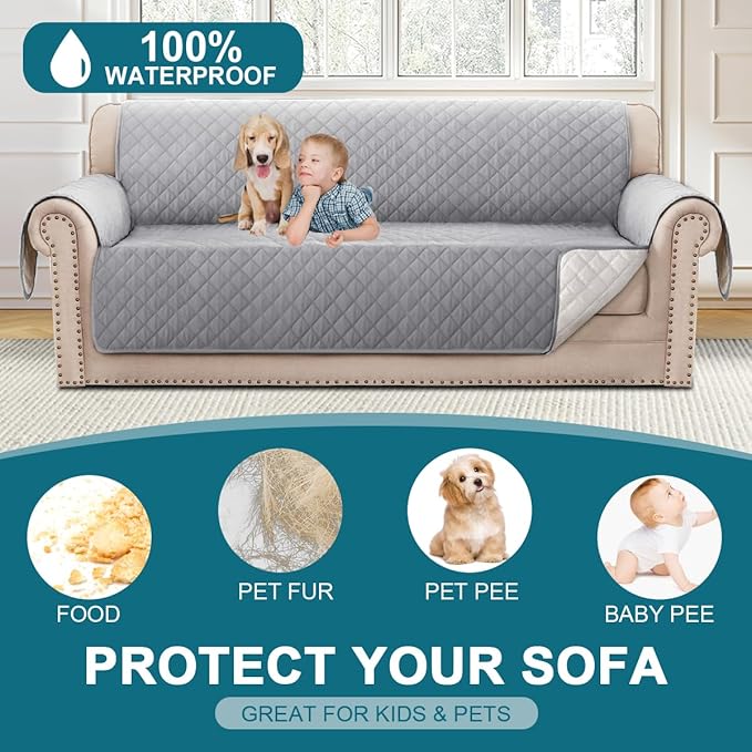 Turquoize 100% Waterproof Sofa Covers Couch Cover Sofa Cover for Dogs Couch Protector Triple Non-Slip Sofa Slipcover for 3 Cushion Couch Furniture Protector for Pets, Kids,Dog (XL Sofa 78", Dove Gray)