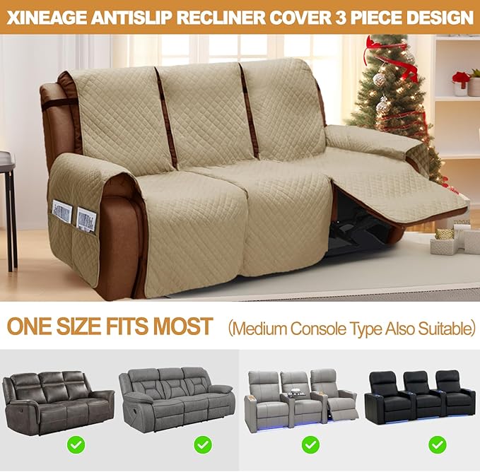 XINEAGE Water Resistant Recliner Cover, 3 Seat Sofa Covers with Pockets, Quilted Thick Protector Cover for Dog Pets with Non Slip Backing and Strap (Khaki)