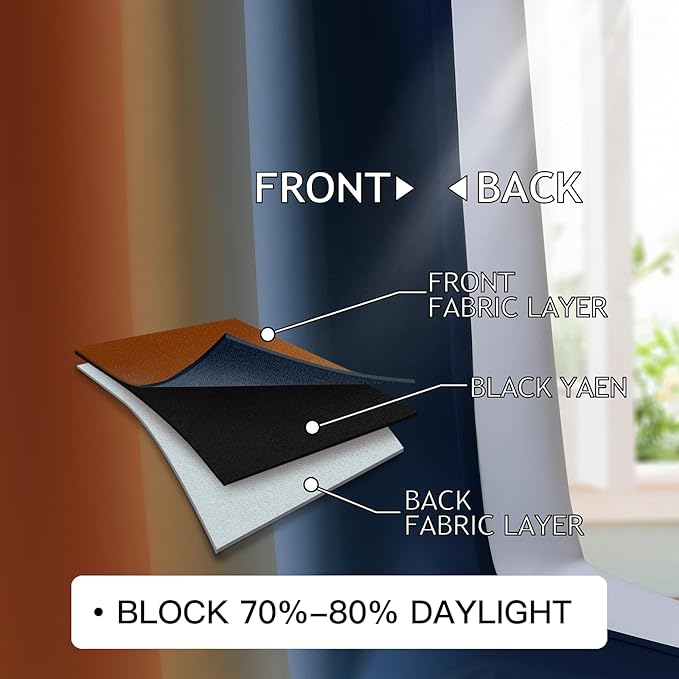 COSVIA Curtains & Drapes Dark Blue & Burnt Orange 84 inch Length 2 Panels, Full Room Darkening Grommet Insulated Thermal Window Curtains for Bedroom/Living Room, 52x84inches