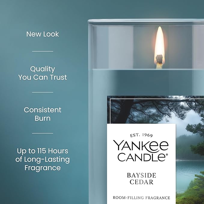 Yankee Candle Medium Pillar Scented Candle with up to 115 Hour Burn Time, Premium Plant Wax Blend for Consistent Burn, 14.25 oz Pillar Candle with Room Filling Fragrance, Bayside Cedar