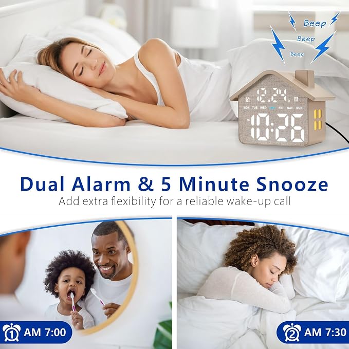 Plumeet Digital Alarm Clock, Bedroom Clock with Large Numbers, Date, Week, Dual Alarms, Dimmer and Ambient Light, House-Shaped Electric Bedside Desk Clock, Adapter Batteries Powered, Grey - Image 4