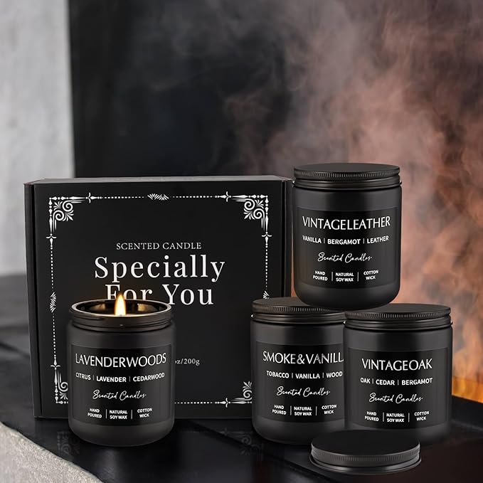 Scented Candles Gift Set - 4 Pack (7oz Each) Soy Wax Aromatherapy Candles with Essential Oils, Smokeless - Leather & Smoke, Vanilla Oakmoss, Lavender for Office, Gifts