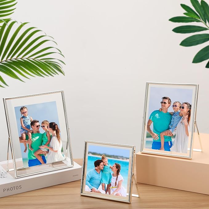 Silver Floating Picture Frames Set of 3,Metal Beaded Photo Frames 7x9'', 6x8'' 6x6'' with Double Class for 5x7, 4x6, 5x5 - Tabletop Floating Picture Frames for Home Wedding Decoration,Gift for Christmas, wedding