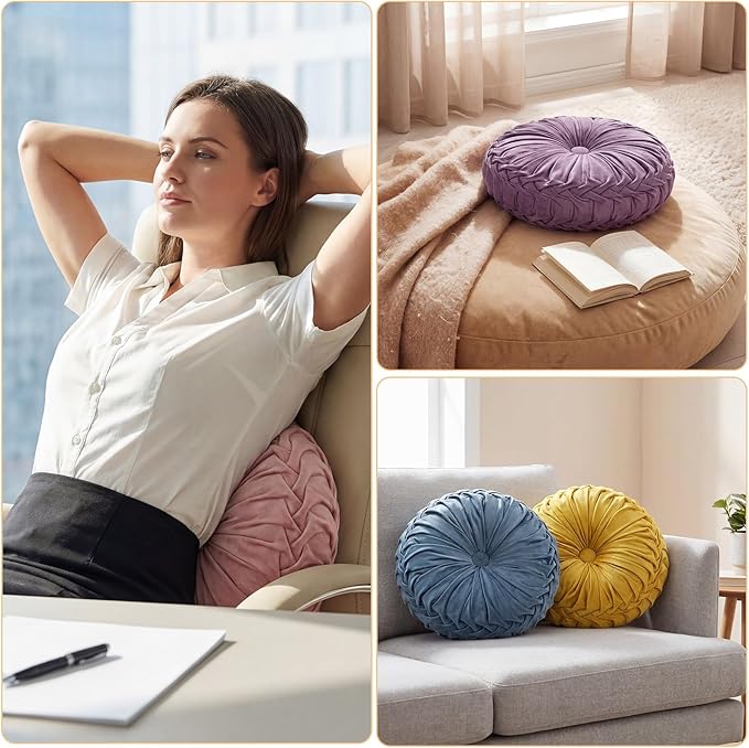Kathfly Set of 4 Decorative Round Pleated Throw Pillows, Classy Velvet Pumpkin Round Throw Pillows, Decorative Floor Pillow for Bed Chair Home Sofa Decor, 14" Diameter(Pastel Color)