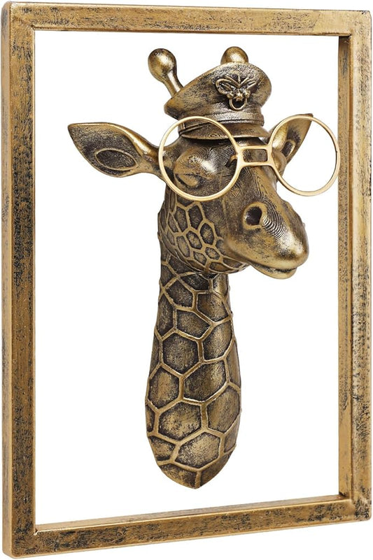 JJALIGHTS Animal Heads Wall Decor Resin Animals Sculptures Head Wall Hanging Decoration Imitation Copper vintage Wall Sculpture for Living Room Bedroom Office(Giraffe,Includes Metal Frame)