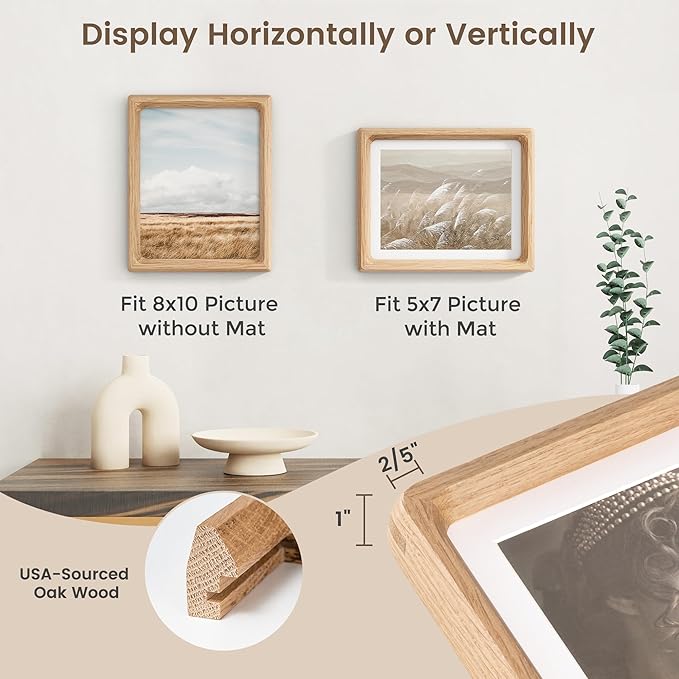8x10 Picture Frame Set of 2, USA-Sourced Oak Wood Photo Frame with HD Tempered Glass, Handcrafted Rounded Corner 8 x 10 Wooden Frames Matted to 5x7 Photos, 8x10 Frames, Tabletop or Wall Display