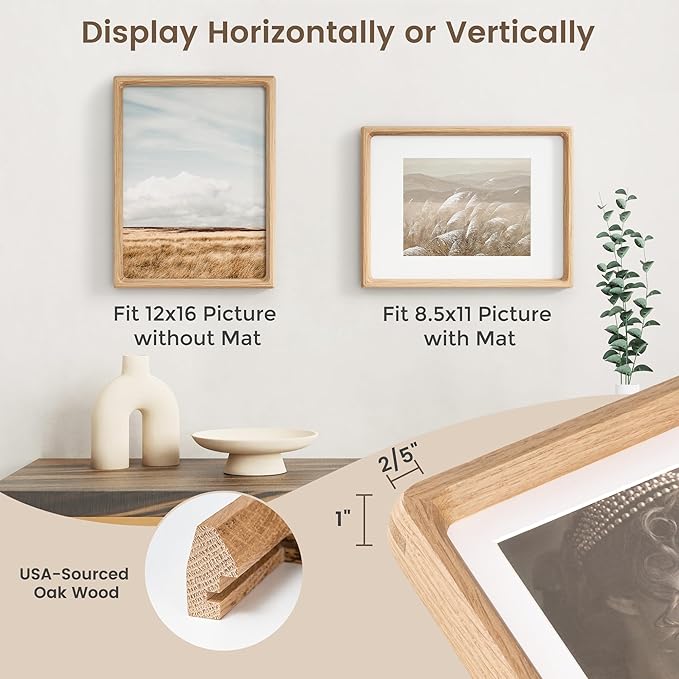 12x16 Picture Frame, USA-Sourced Oak Wood Photo Frames with HD Tempered Glass, Handcrafted Rounded Corner 12 x 16 Wooden Frames Matted to 8.5x11 Photos, Horizontal or Vertical Wall Display