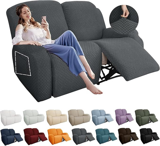 YEMYHOM 6 Pieces Stretch Loveseat Recliner Slipcover Jacquard Recliner Sofa Cover with Side Pocket Fitted Recliner Cover Couch Furniture Protector with Elastic Bottom (Loveseat Recliner, Dark Gray)
