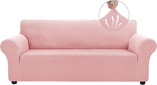 Asnomy Couch Covers for 3 Cushion Couch Stretch Sofa Covers Slipcover, Pet Protector Furniture Covers for Dogs Cats Spandex Jacquard Fabric Small Checks（Pink, X-Large）