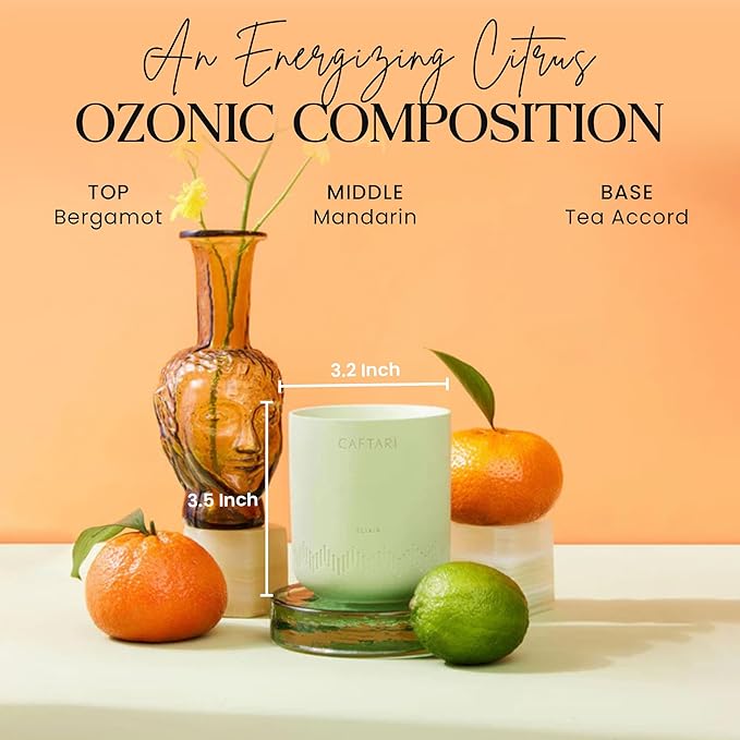 CAFTARI Luxury Aromatherapy Candle | Bergamot, Mandarin & Tea Accord Scented | 60 Hour Burn | Clean Coconut Soy Wax | Vegan, Gift-Ready Candle for Uplifted Mood, Energy & Home Spa Feel | Elixir