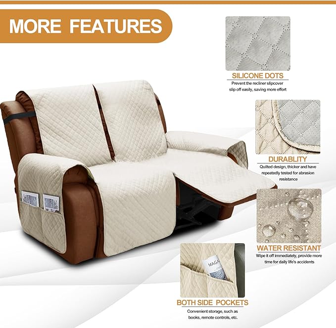 XINEAGE Water Resistant Recliner Cover, 2 Seat Loveseat Covers with Pockets, Quilted Thick Protector Cover for Dog Pets with Non Slip Backing and Strap (Beige)