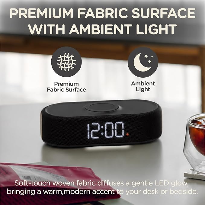 Fabric Digital Alarm Clock for Bedroom, Wireless Charging, Black - Image 3