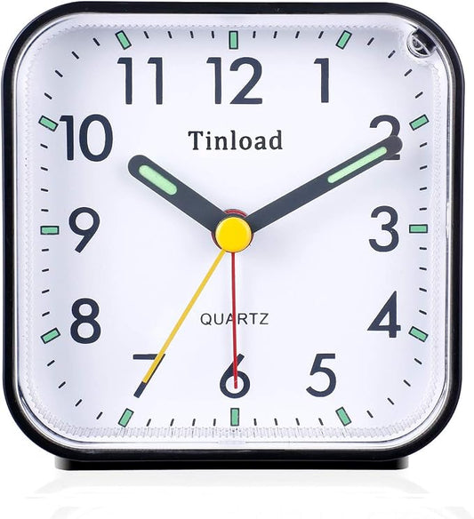 Tinload Small Battery Operated Analog Travel Alarm Clock Silent Non Ticking, Gentle Wake, Ascending Beep Sounds, Snooze,Lighted on Demand, Easy Set(Black) by Tinload