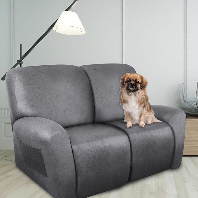 ANARACHON Loveseat Recliner Cover Leather Look Recliner Loveseat Covers Recliner Sofa Cover for 2 Seater Reclining Couch Spandex Fabric Washable 6 Pieces (2 Seater, 01 Light Grey)