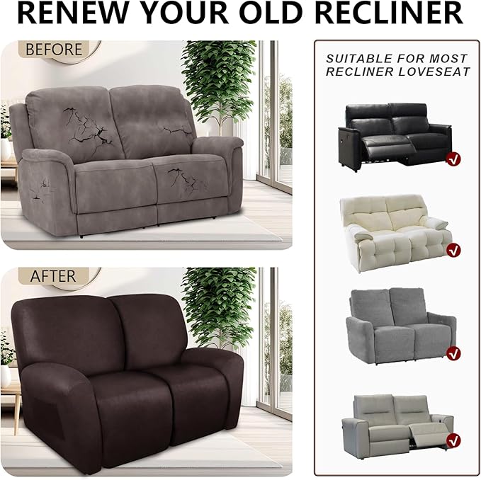 ANARACHON Loveseat Recliner Cover Leather Look Recliner Loveseat Covers Recliner Sofa Cover for 2 Seater Reclining Couch Spandex Fabric Washable 6 Pieces (2 Seater, 01 Chocolate)