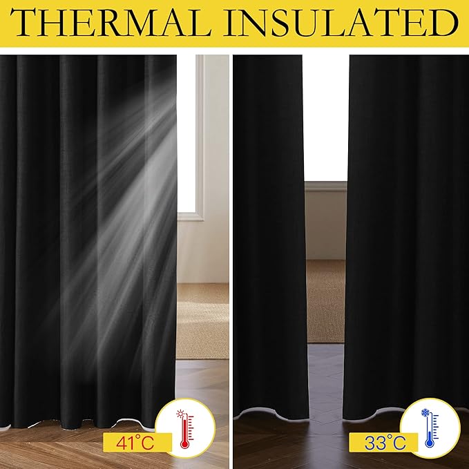 NICETOWN Vintage Open Linen Weave Flax Thermal Curtains, 100% Blackout Curtains 72" Long for Dining Room, Soundproof Window Treatment Drapes for Hall Room, Black, 42" Wide Per Panel, Set of 2