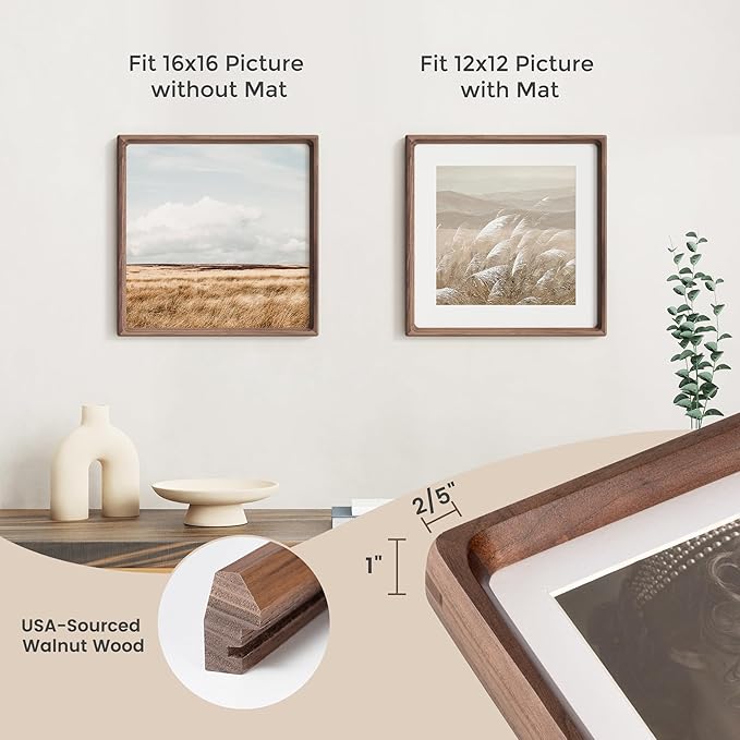16x16 Picture Frame, USA-Sourced Walnut Wood Photo Frame with HD Tempered Glass, Handcrafted Rounded Corner 16 x 16 Wooden Frame Matted to 12x12 Photos, 16x16 frame, Tabletop or Wall Display