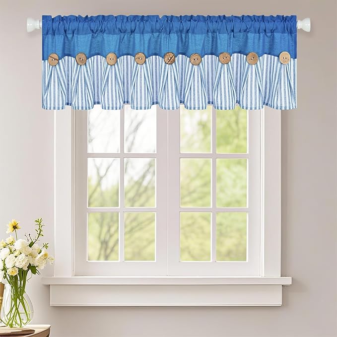 ASPMIZ Farmhouse Cotton Linen Valances for Windows, Boho Kitchen Curtains Valances with Rustic Button, Lake Blue Striped Window Treatments Curtain Valance for Bathroom Cafe, 60 x 14 Inch, 1 Pannel