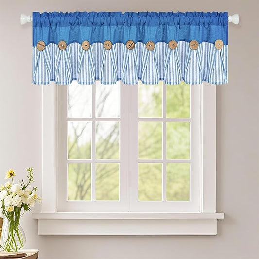 ASPMIZ Farmhouse Cotton Linen Valances for Windows, Boho Kitchen Curtains Valances with Rustic Button, Lake Blue Striped Window Treatments Curtain Valance for Bathroom Cafe, 60 x 14 Inch, 1 Pannel