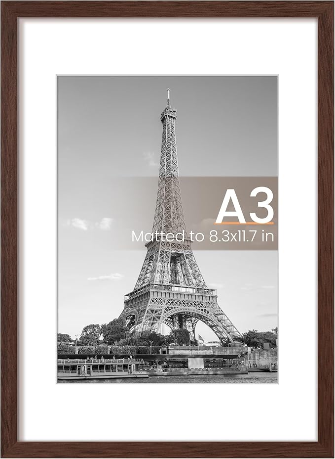 upsimples A3 Picture Frame, Display Pictures 8.3x11.7 with Mat or 11.7 x 16.5 Without, Wall Hanging Poster Frames, Brown, 1 Pack