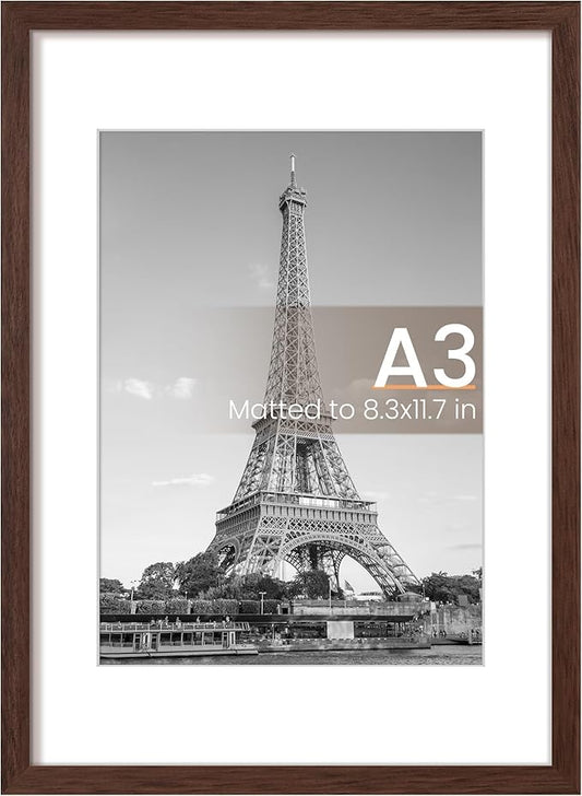 upsimples A3 Picture Frame, Display Pictures 8.3x11.7 with Mat or 11.7 x 16.5 Without, Wall Hanging Poster Frames, Brown, 1 Pack