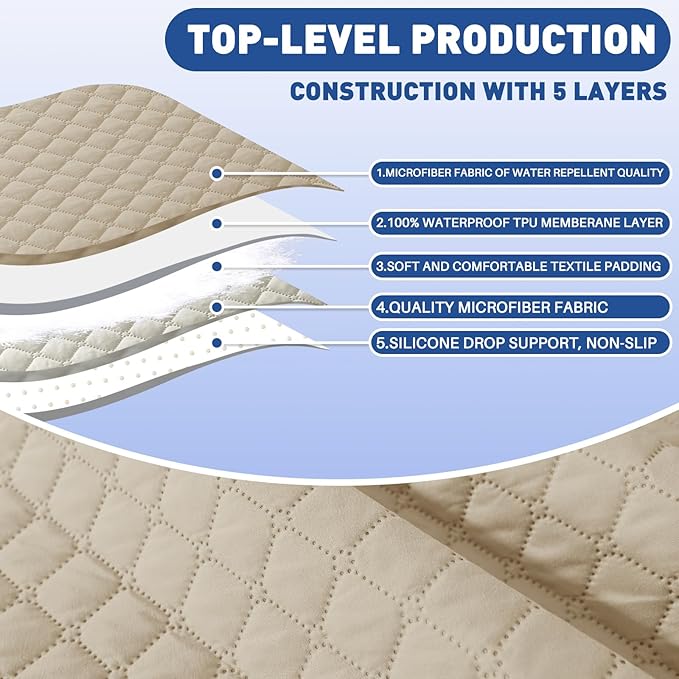 XINEAGE Water Resistant Recliner Cover, Nonslip Recliner Chair Covers for Reclining Chair with Pockets, Quilted Thick Recliner Slipcovers for Pets and Kids (Recliner Chair, Khaki)