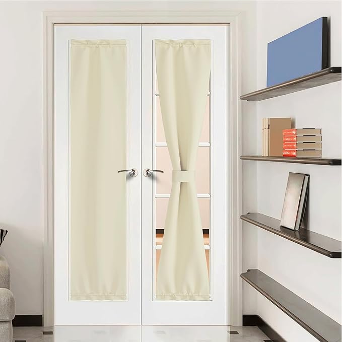 NICETOWN Insulated Door Blinds for Front Back Doors - Room Darkening Window Treatments Blackout Panels Solid Farmhouse Rod Pocket Front Drapes with Tieback, 12 by 72 inches, Light Beige, 1 Piece