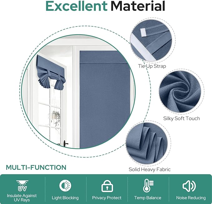 HOMEIDEAS 100% Linen Blackout French Door Curtains, Privacy Door Window Curtains, 26 X 40 Inch Room Darkening Blinds, Thermal Insulated Shades for Bedroom, 1 Panel, Stone Blue
