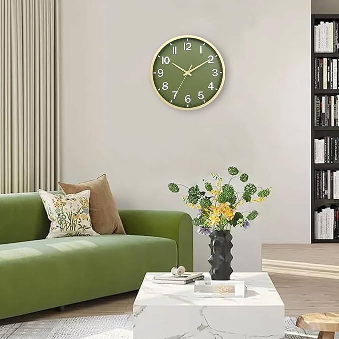 Wall Clocks Battery Operated 12 inch Modern Wall Clock,Silent Non Ticking Wall Clock for Living Room Bedroom Kitchen Office Classroom Decor (Green Gold)