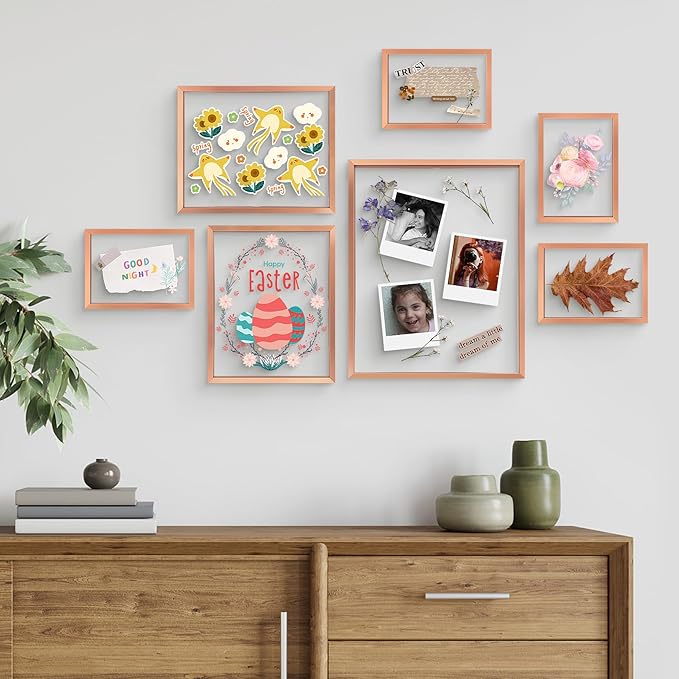 Frametory, Floating Picture Frames Set - Rose Gold Metal Photo Frames - Real Glass - Display One 11x14, Two 8x10, and Four 5x7 Inch Photos for Home Decoration