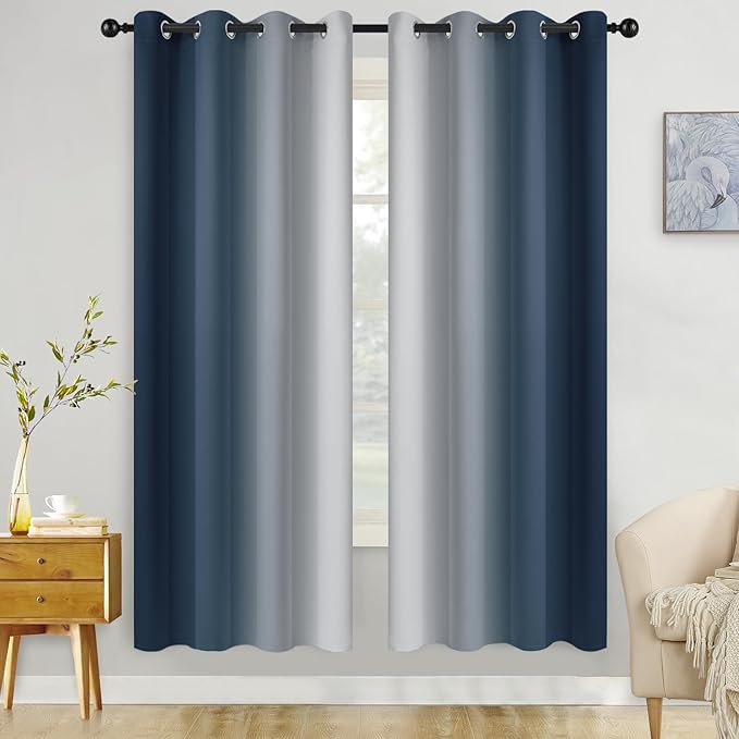 COSVIYA Curtains & Drapes Ombre Navy Blue Curtains 72 inch Length 2 Panels, Grommet Room Darkening Light Blocking Insulated Thermal Gradient Window Panels for Bedroom/Living Room,52x72 inches