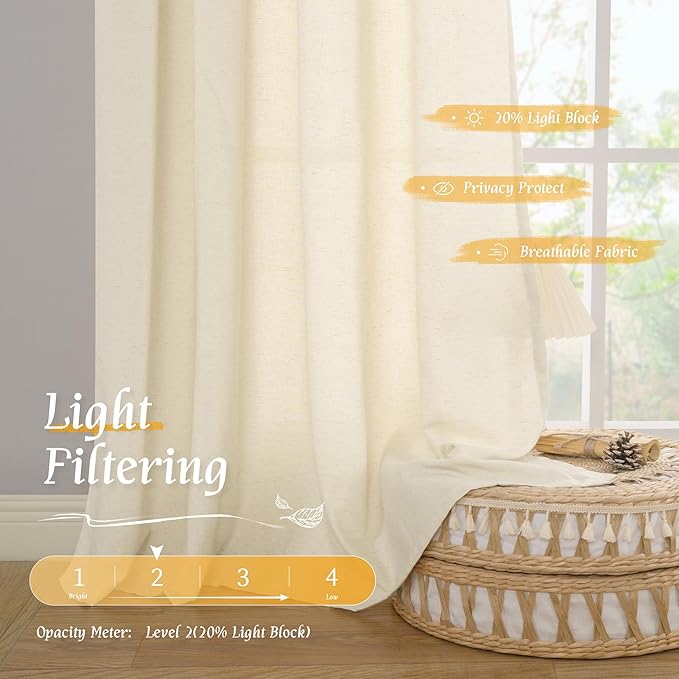 LAMIT Light Beige Linen Textured Curtains 63 inch Length for Bedroom, Soft Semi Sheer Light Filtering Window Treatments Rod Pocket Drapes for Living Room/Small Window, 2 Panels Set, 52 x 63 Inch