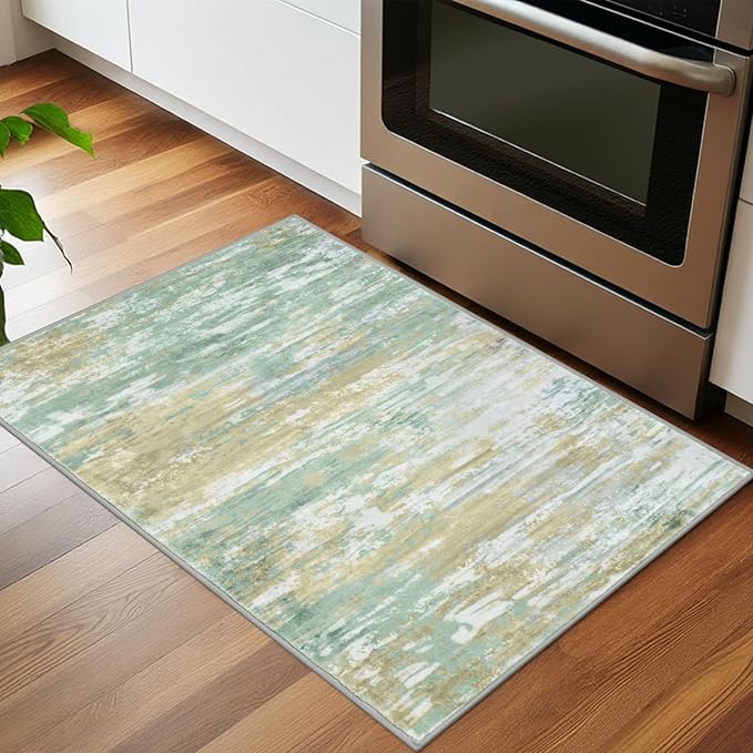 KOZYFLY Small Area Rug 2x3 Rug Entryway Rugs Modern Abstract Indoor Non-Slip Machine Washable Rug Light Green Yellow, Dining Room Rug with Soft Low Pile for Kitchen Bath Office Small Carpet Floor Mats