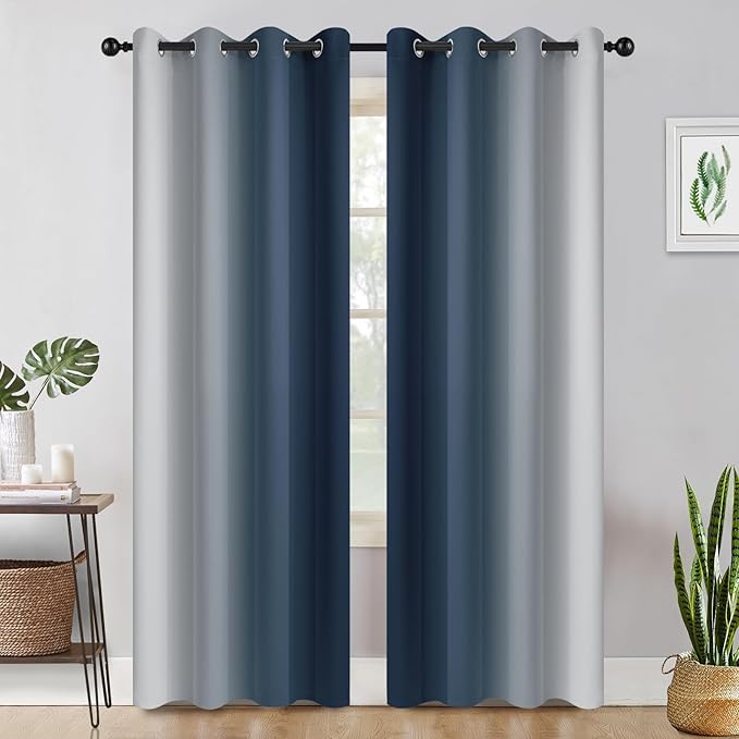 COSVIYA Curtains & Drapes Ombre Navy Blue Curtains 96 inch Length 2 Panels, Grommet Room Darkening Light Blocking Insulated Thermal Gradient Window Curtain for Bedroom/Living Room,52x96 inches