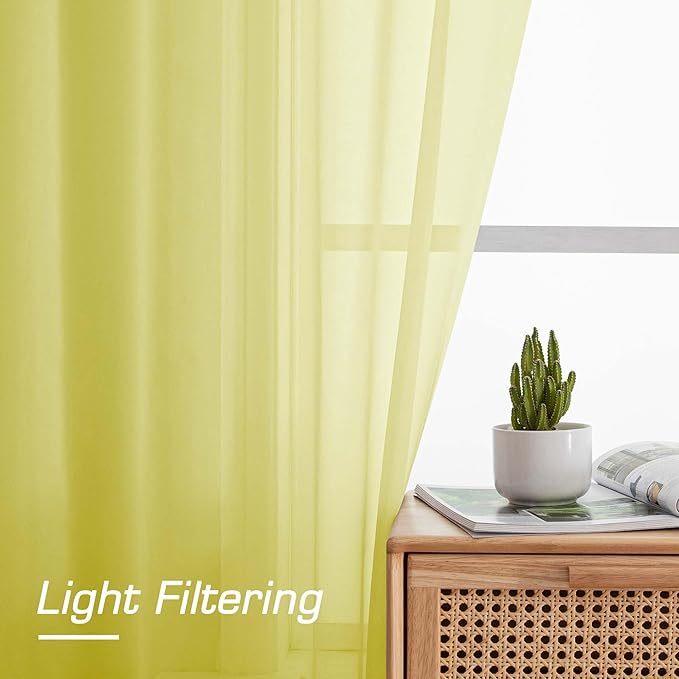OWENIE Short Lemon Sheer Curtains 30 Inch Length 2 Panels Set, Kitchen Curtains Tiers Light Filtering Rod Pocket Cafe Curtain for Basement Bathroom Small Half Window, 42" W x 30" L, Lemon