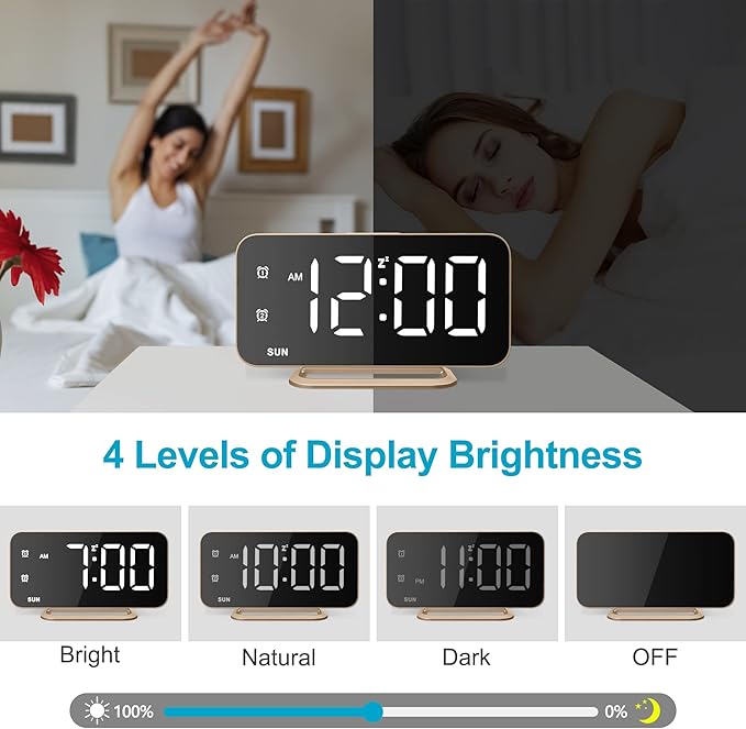 Slim LED Digital Alarm Clock, Mirror Surface for Makeup, with Diming, Large Display, Easy Setting, USB Charger Ports, Modern Bedroom, Desk, Office Living Room Decor, Christmas Birthday for Women Girl
