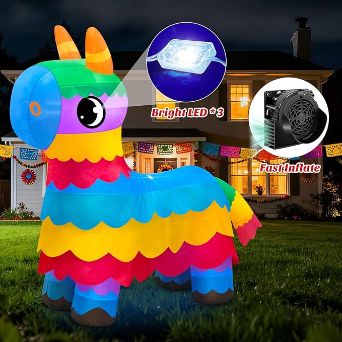 MICOCAH 6FT Cinco De Mayo Inflatable Outdoor Decoration Cute Blow Up Donkey Pinata with LED Lights, May 5 Mexican Fiesta Party Decor for Yard Garden Lawn Indoor Holiday