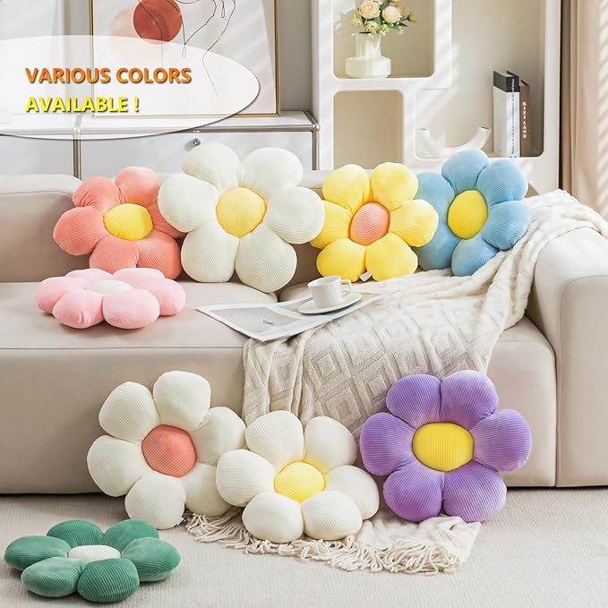 3Pcs Flower Pillow - Flower Shaped Throw Pillow Seating Cushion, Cute Daisy Flower Pillow Floor Pillows for Adults Kids Home Bedroom Sofa Chair Couch Decor (White/Pink/Purple, 15.74 in+19.68 in)